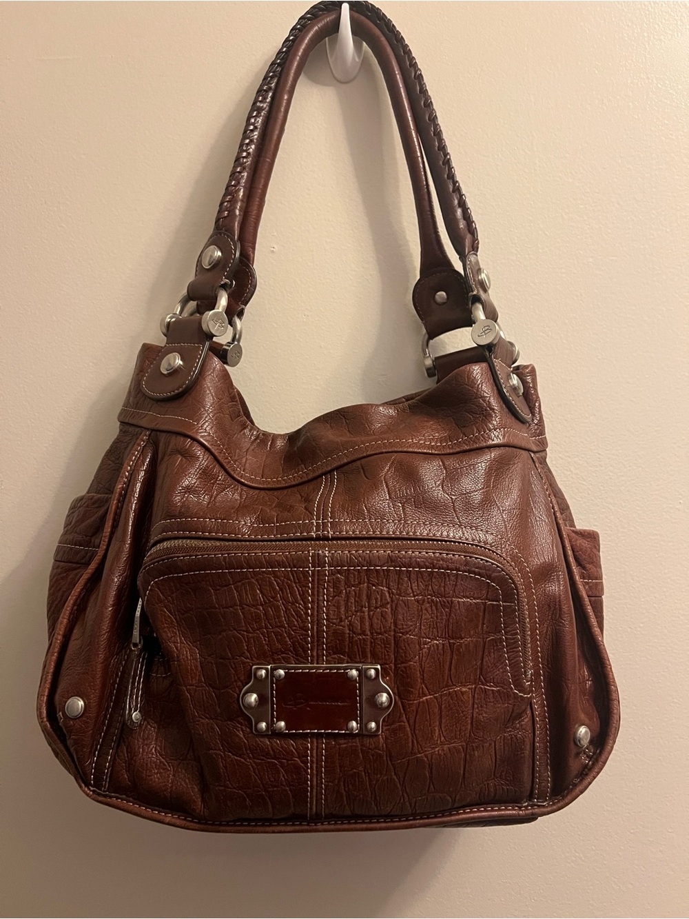 b. makowsky Brown Textured Shoulder Bag with Silver Hardware